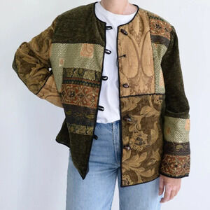 Vintage  Allure Olive Green Brown Patchwork Tapestry Button Up Jacket M